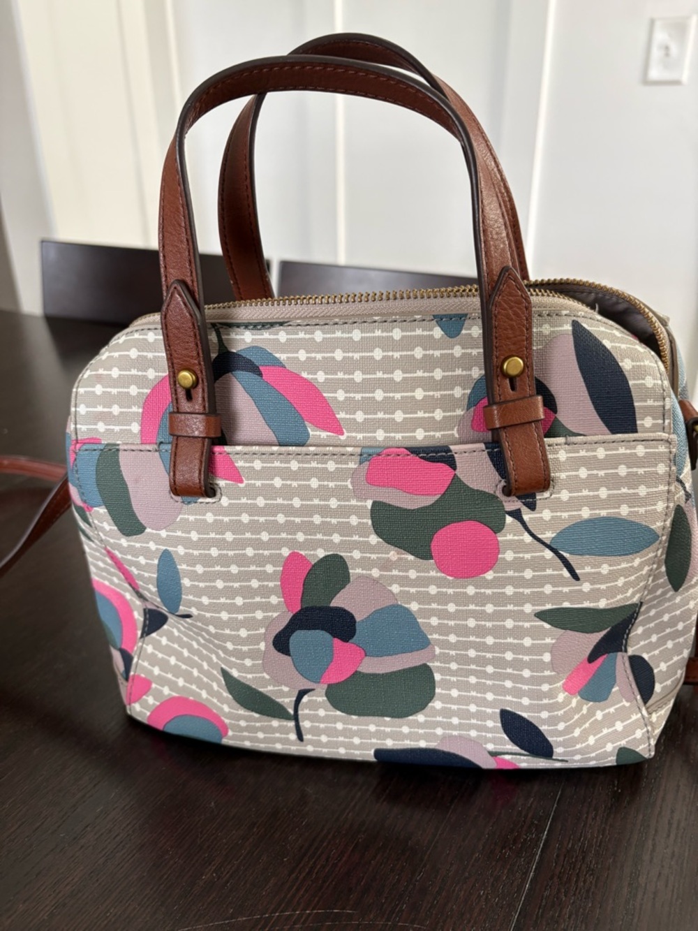 Fossil Crossbody Dome Satchel Floral Handbag Detachable Strap Key Charm - Picture 3 of 5